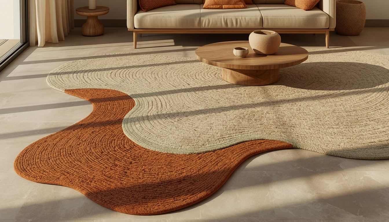 Дизайнерський вовняний килим Крафтохата з об'ємним візерунком та природними краями в сучасному інтер'єрі 2026 року.