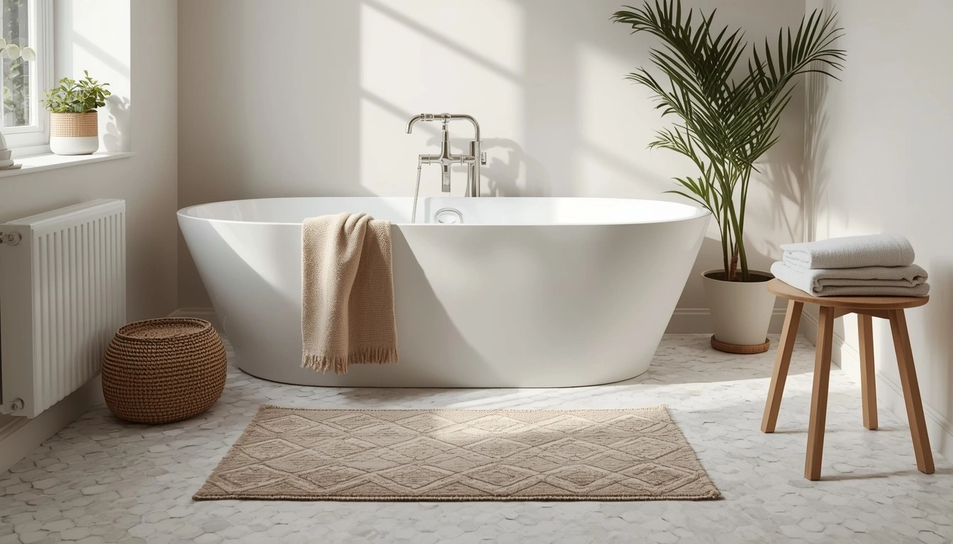 Безворсовий килим у скандинавському стилі на підлозі ванної кімнати біля ванни - приклад стильного та практичного рішення для вологих зон