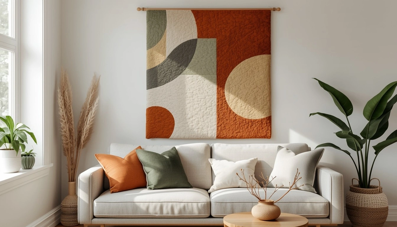 Авторське тафтингове панно ручної роботи у теплих відтінках терракоти та зеленого на стіні над диваном у сучасному скандинавсько-богемному інтер'єрі