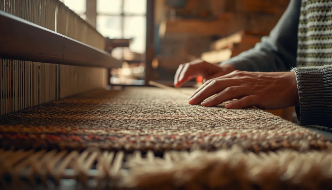 Майстер плете килим на ткацькому верстаті, крупний план рук та текстури вовни.