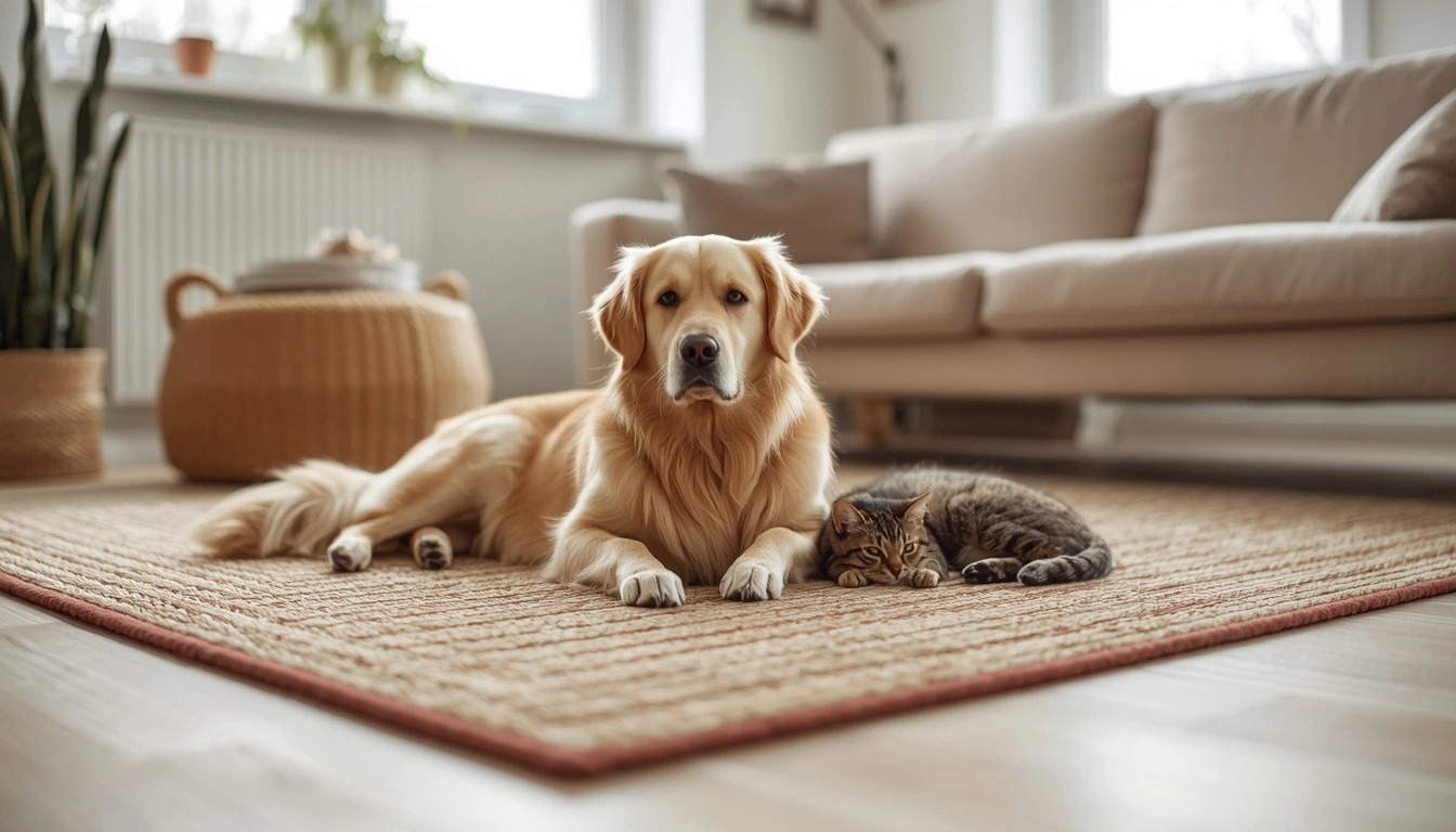 Золотистий ретривер і смугастий кіт відпочивають разом на теплому нейтральному килимі у сучасній світлій вітальні