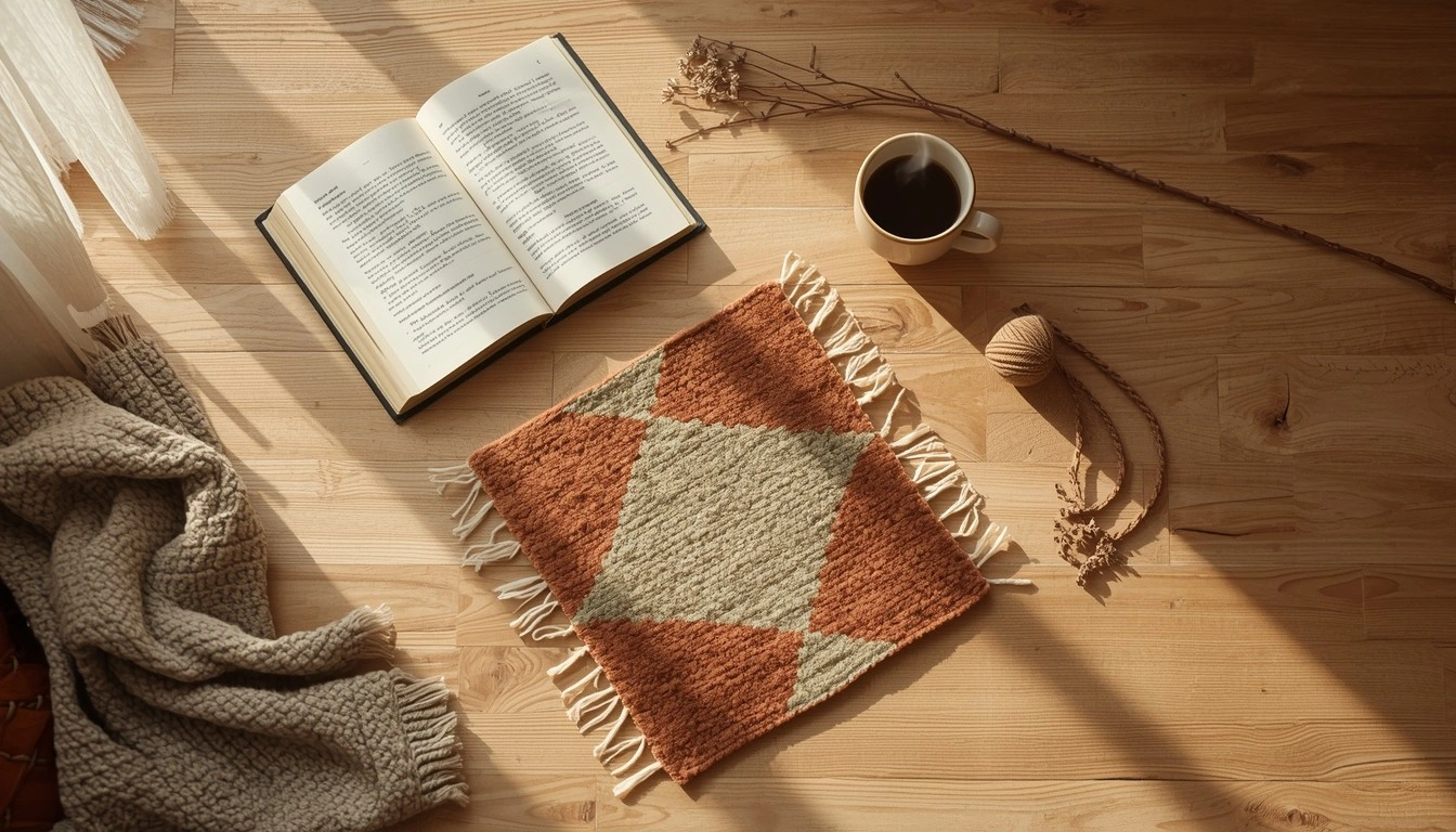 Маленький ручний килимок з геометричним орнаментом у теплих тонах на дерев'яній підлозі поруч із книгою та чашкою кави - затишний куточок дому від Крафтохата